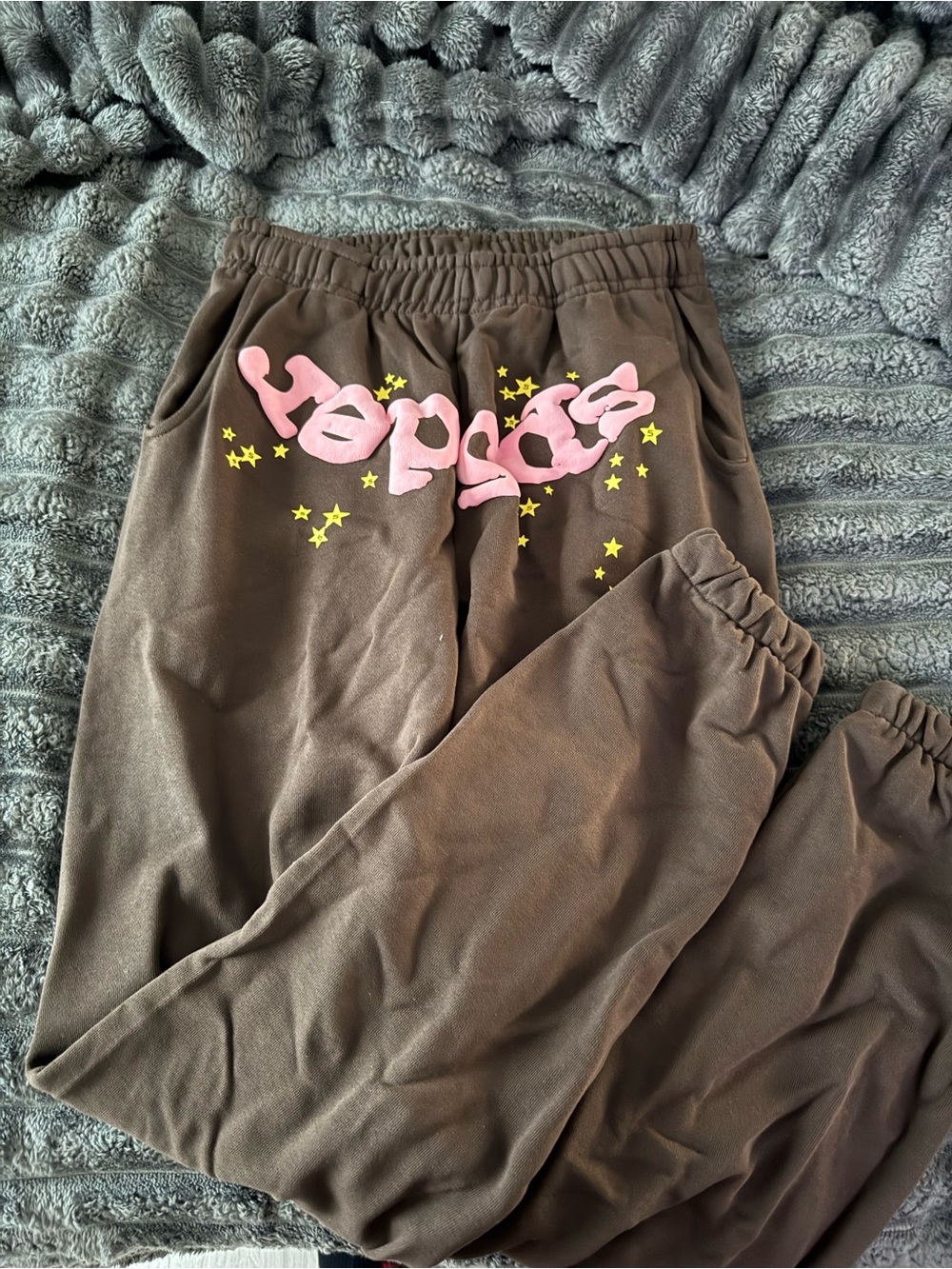 Women's Brown Sweatpants with Pink Script & Yellow Stars